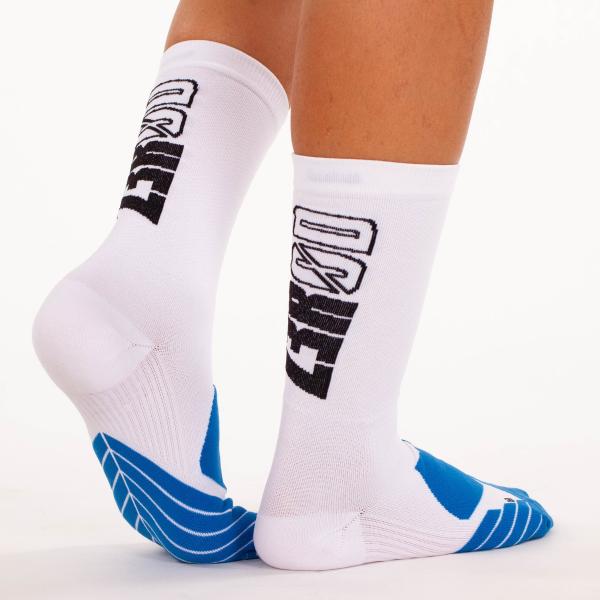 Z3R0D - white high socks with black logo for running, cycling and triathlon training or races.